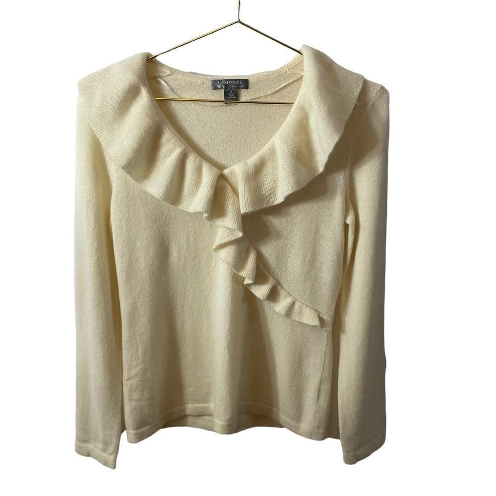 Charter Club Cashmere Sweater Cream Ivory Ruffle V-Neck Long Sleeve Small S